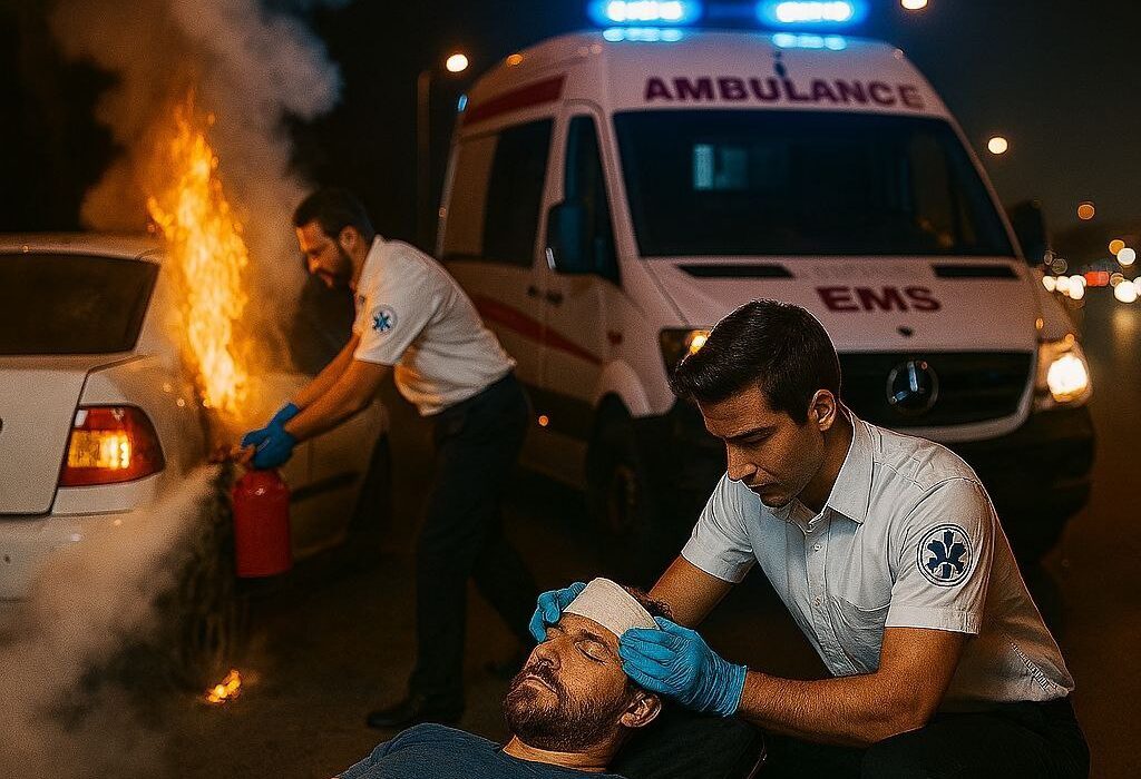 نجات جان مصدوم و اطفای حریق خودرو بهصورت همزمان
