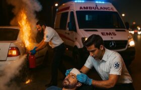 نجات جان مصدوم و اطفای حریق خودرو بهصورت همزمان